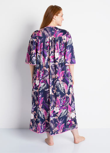 Peignoir long satiné fleuri boutonné Imprime Violet
