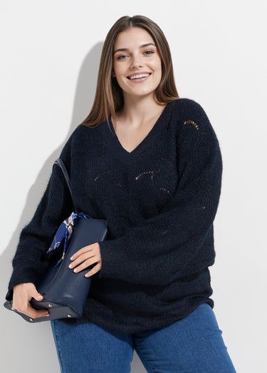 Pull oversize, maille écailles avec laine Marine