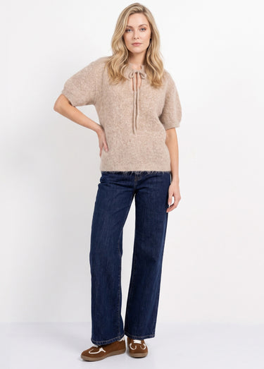 Pull manches courtes doux avec laine Beige
