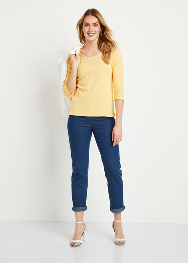 T-shirt fantaisie cloutée manches 3/4 Jaune