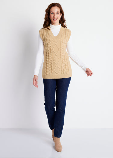 Pull col V sans manches maille fantaisie Beige