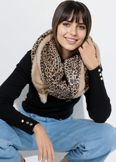 Tour de cou fourrure léopard à boutonner Beige Leopard