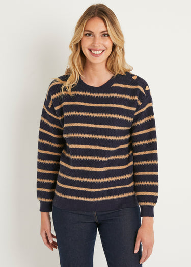 Pull doux rayé col rond maille fantaisie Marine/Camel