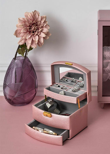 Boîte à bijoux simili cuir 3 niveaux Rose