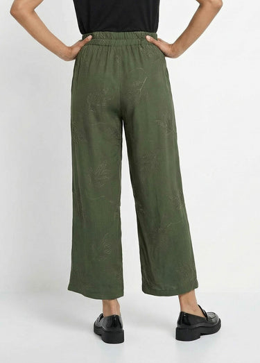 Pantalon large élastiqué brodé feuillage Kaki