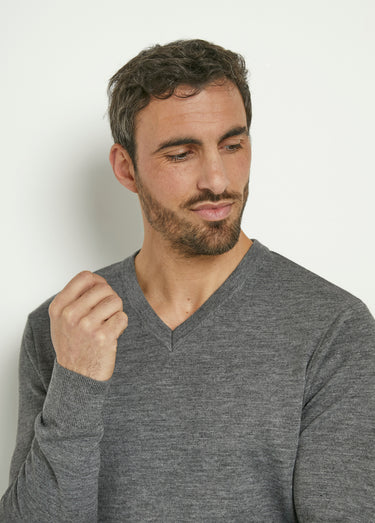 Pull jacquard col V chaud en laine mérinos Gris Chine