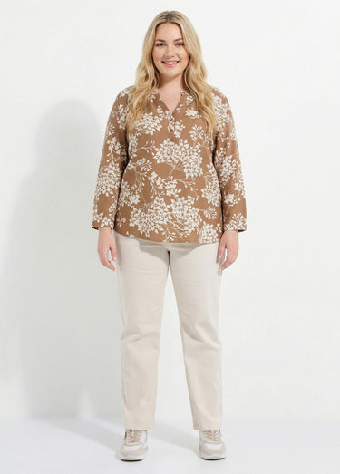 Tunique col tunisien motif hortensias Ecru/Camel