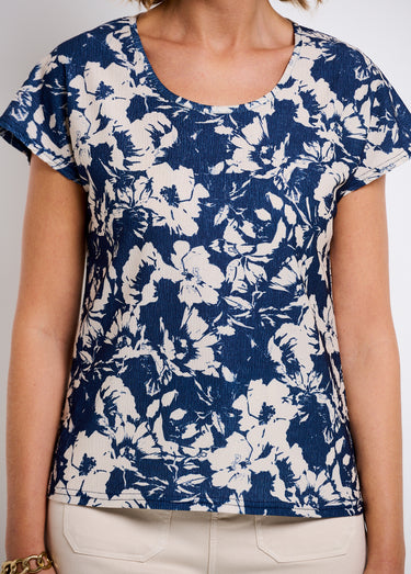 T-shirt manches courtes uni ou imprimé fleurs Marine/Beige