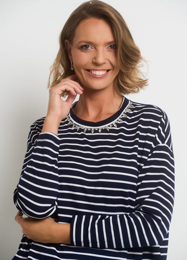 T-shirt rayures avec encolure strass Marine Raye