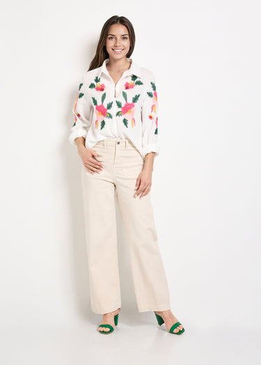 Chemisier gaze de coton broderies fleurs Blanc