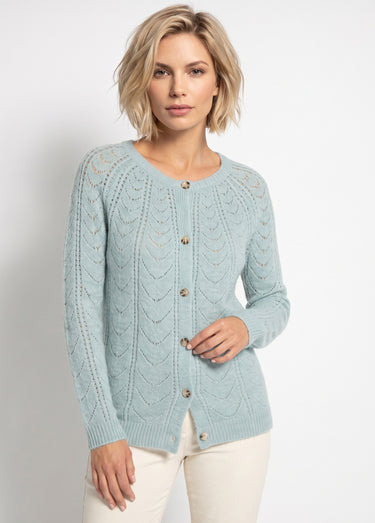 Gilet cardigan boutonné chiné ajouré col rond Aqua