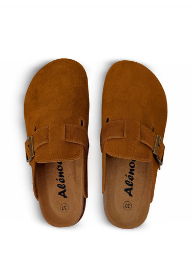 Mules sabots, dessus en cuir nubuck Camel