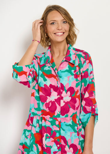 Robe-chemisier courte fleurie manches 3/4 retroussables Rose / Bleu