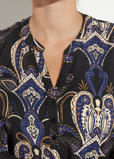 Blouse col V boutonné imprimé acanthes Bleu