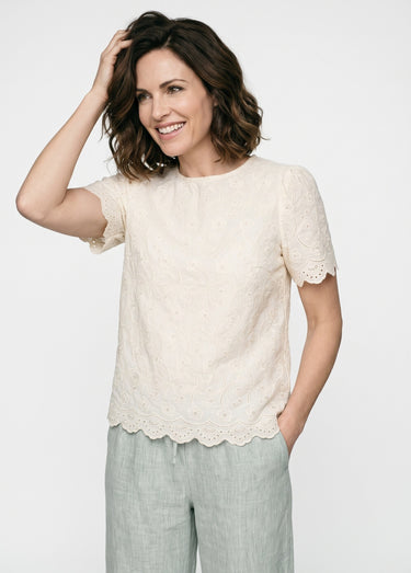Blouse broderie anglaise à col rond Blanc