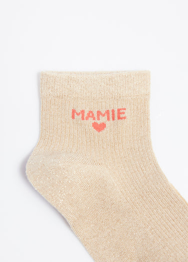 Socquettes fil métallisé, message MAMIE Beige