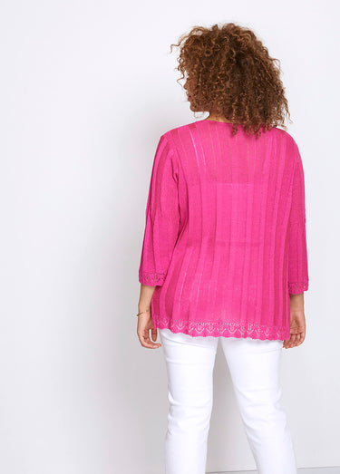Cardigan boutonnée long ajouré Fuchsia
