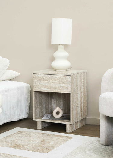 Table de chevet effet pierre travertin Blanc/Beige