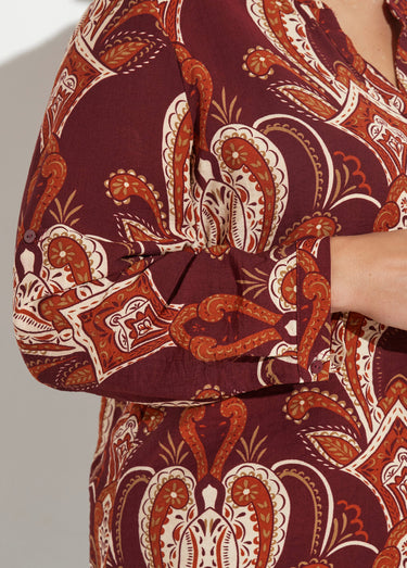 Blouse col V boutonné imprimé acanthes Bordeaux