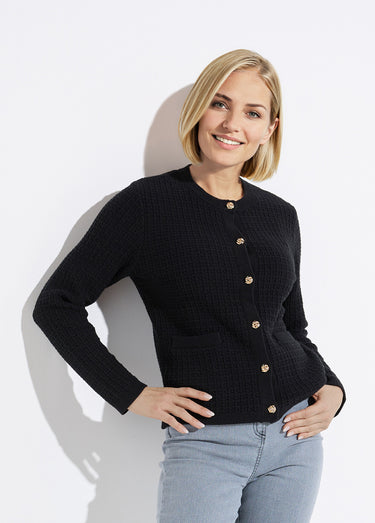 Gilet veste boutonné court maille effet tweed Noir
