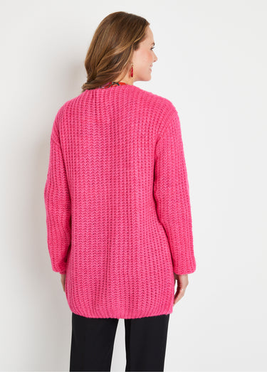 Gilet long uni bord à bord grosse maille Fuchsia