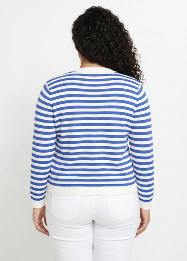 Gilet cardigan court col rond rayé boutonné Raye Bleu