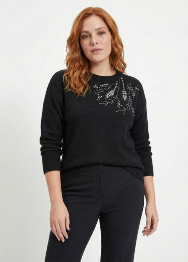 Pull doux col rond avec strass et sequins Noir
