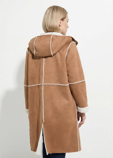 Manteau zippé à capuche effet peau lainée chaud Camel