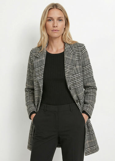 Manteau aspect lainage mi long col tailleur Carreaux Gris