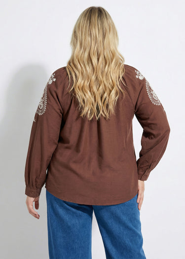 Blouse avec broderies et petit col V Chocolat / Beige