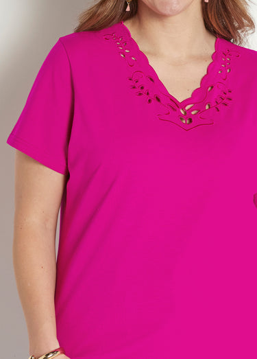 T-shirt col V ajouré brodé Fuchsia