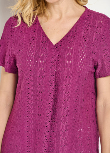 T-shirt ample col V uni effet broderie Cassis