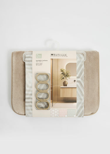 Set 2 pièces bain Rideau + Tapis velours Beige