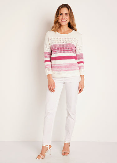 Pull ajouré manches 3/4 coton Fuchsia