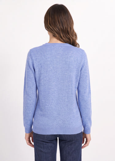 Pull doux uni brodé col rond manches longues Bleu