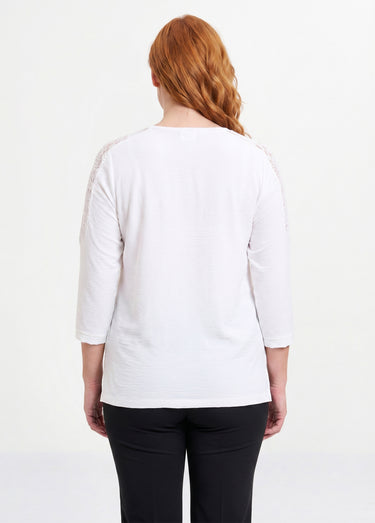 Tunique manches 3/4 col V boutonné dentelle Ecru