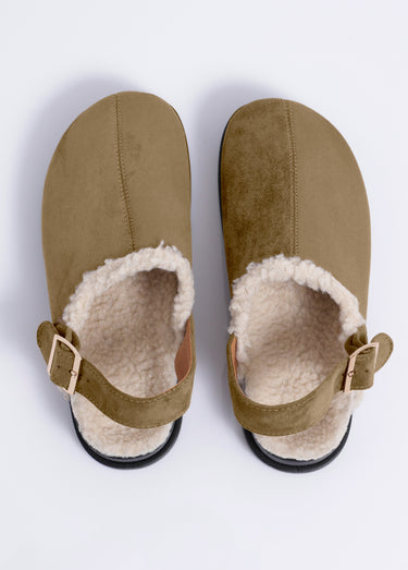 Mules fourrées en suédine, bride talon Kaki