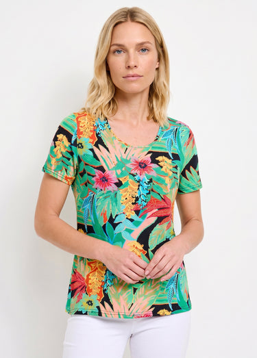 T-shirt long col rond imprimé exotique manches courtes Fond Noir