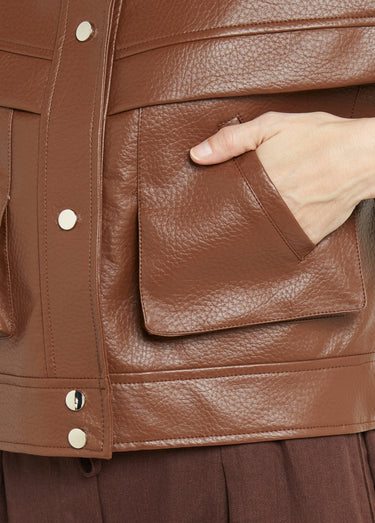 Blouson vintage col montant, simili cuir Chocolat