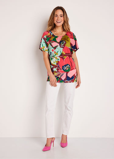 T-shirt long ample uni ou fleuri Rose/Vert