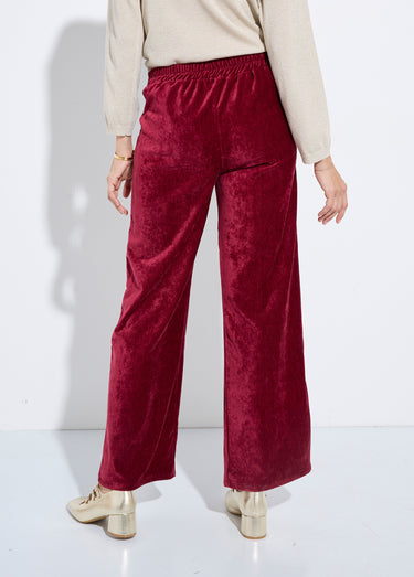 Pantalon large élastiqué en velours ras Bordeaux
