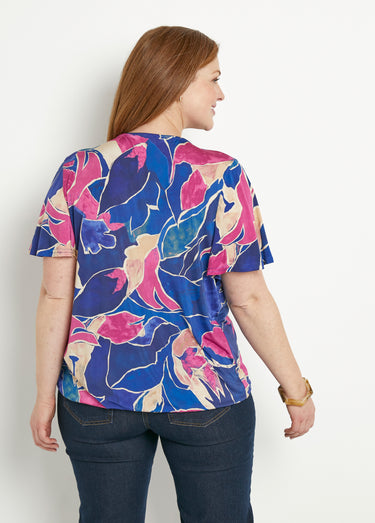 T-shirt cache-coeur long blousant motif floral Bleu/Rose