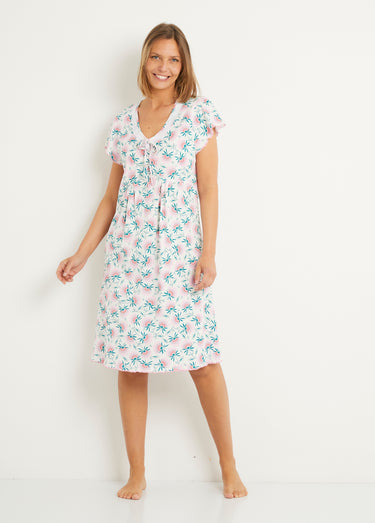 Chemise de nuit coton fleuri dentelle mi longue Rose
