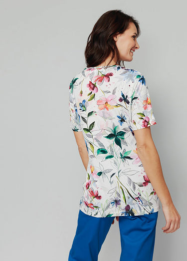 T-shirt long extensible motif floral Fond Blanc