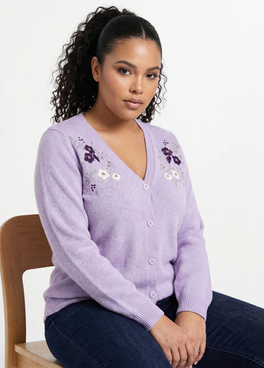 Gilet doux uni col V boutonné court brodé Lilas