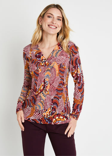 T-shirt court col croisé imprimé patchwork Bordeaux/Miel