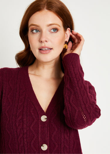 Gilet court boutonné col V maille torsades Prune