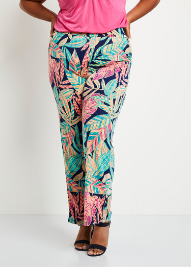 Pantalon large ceinture élastiquée feuillage Vert/Rose