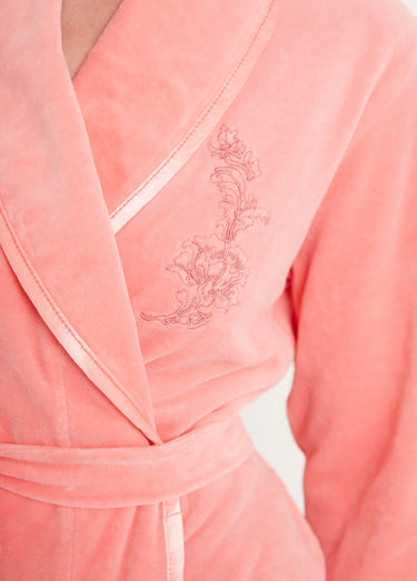 Peignoir long croisé velours uni col châle Rose