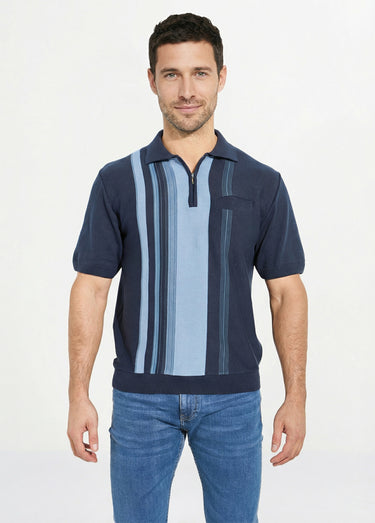 Polo zippé manches courtes rayures jacquard Marine